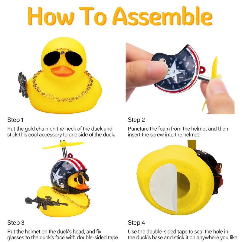 wonuu 3 Pack Car Rubber Duck Cute Yellow Wind-Breaking Ducks Dashboard Decorations Small Ornaments with Propellers Glasses Gold Chain (Yellow-Stars and Stripes&Flag&Shark) - Image 4